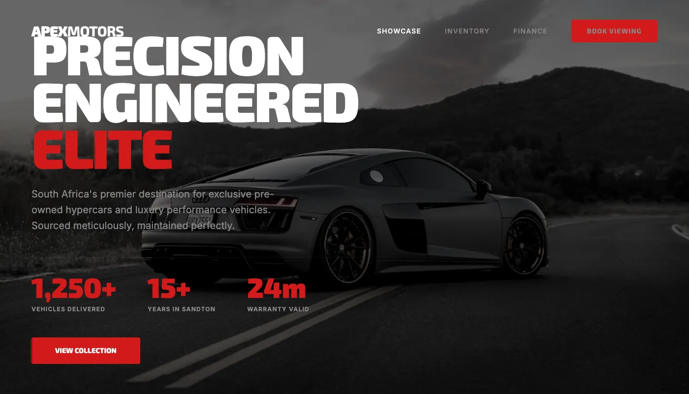 Apex Motors pre-owned supercar dealership website designed by QuietRise, South Africa