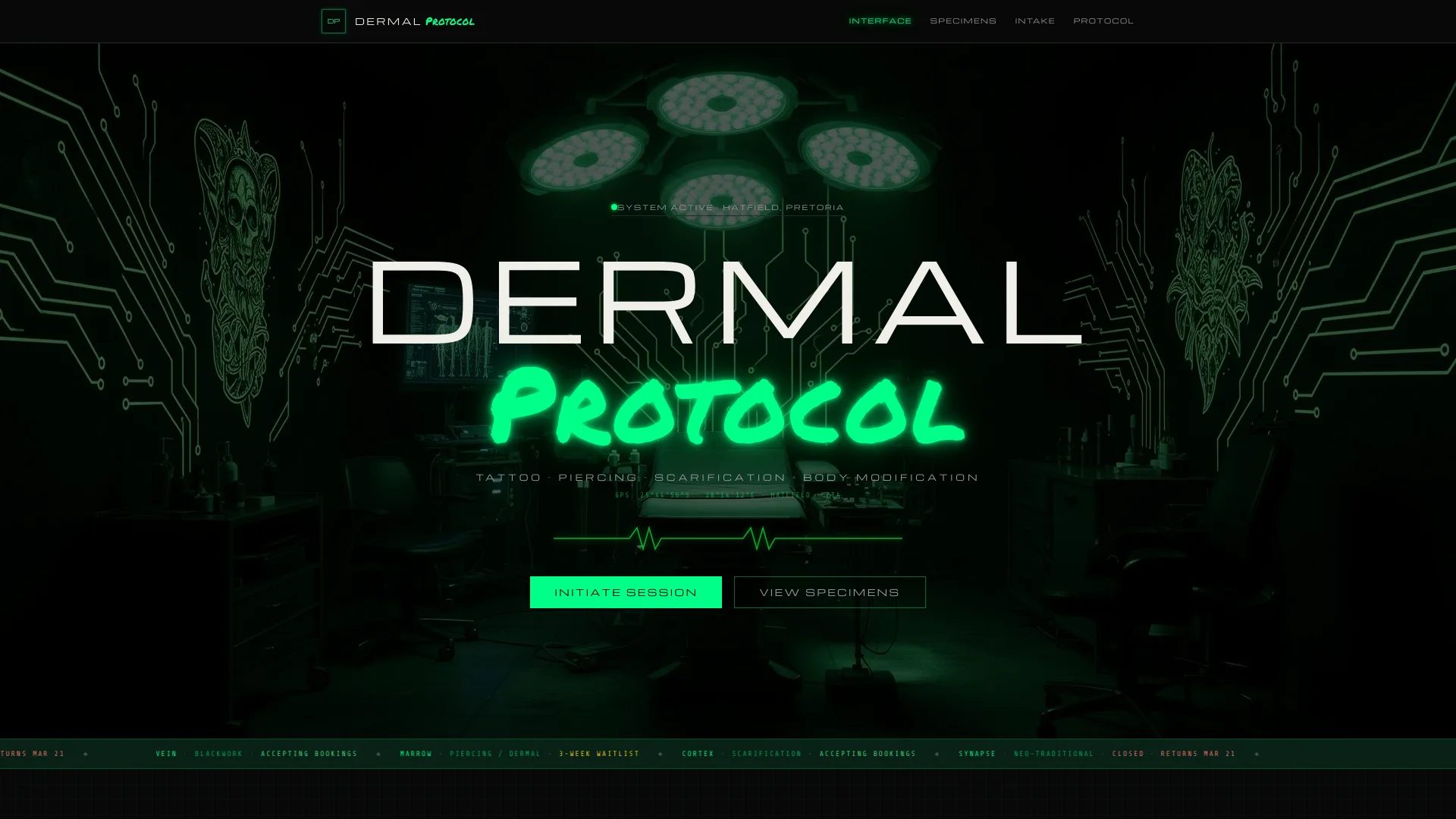 Dermal Protocol body modification studio website designed by QuietRise, Hatfield, Pretoria