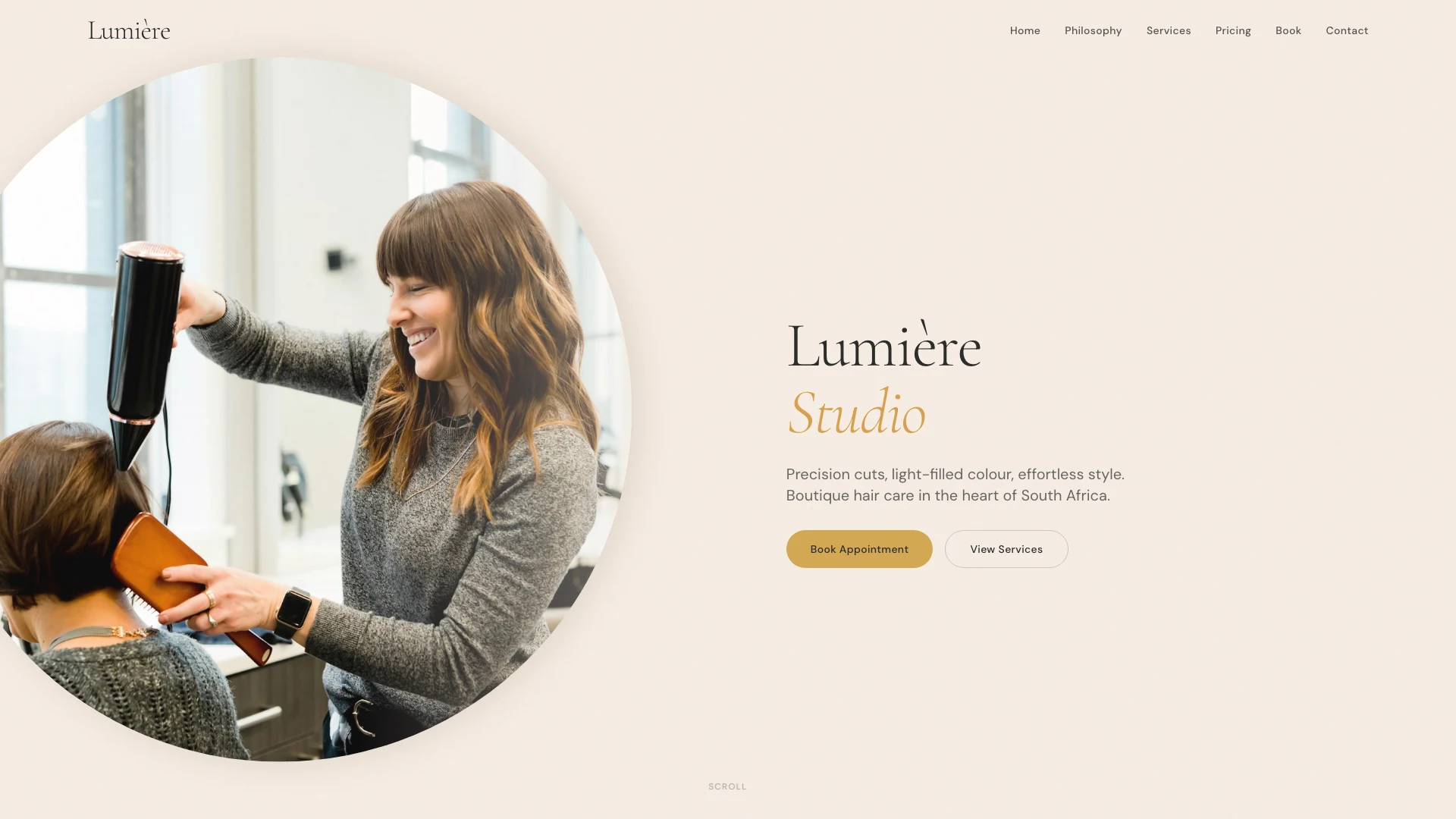 Elegant salon and booking website designed by QuietRise for Lumière Studio, South Africa