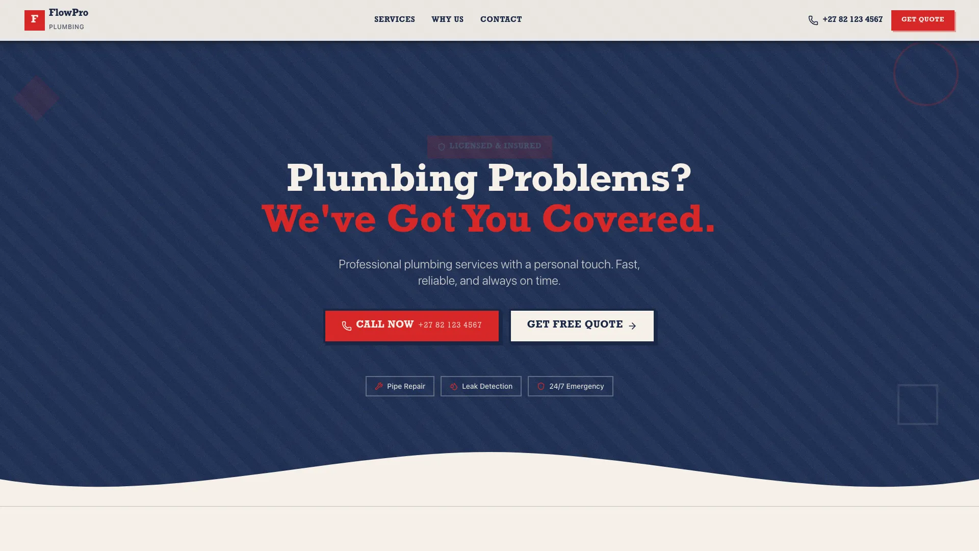 Professional plumbing services website created by QuietRise for FlowPro Plumbing, South Africa