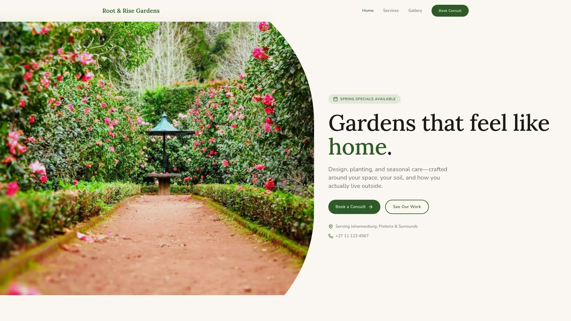 Landscaping and garden gallery website designed by QuietRise for Root & Rise Gardens, South Africa