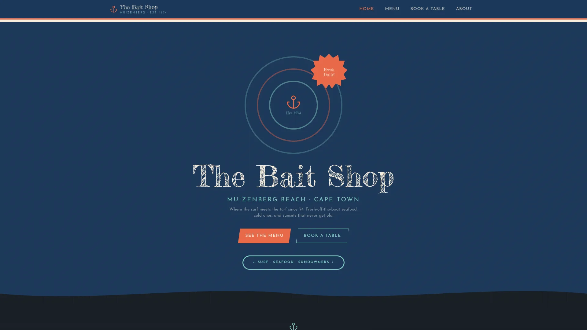 The Bait Shop coastal seafood restaurant website designed by QuietRise, Muizenberg, Cape Town