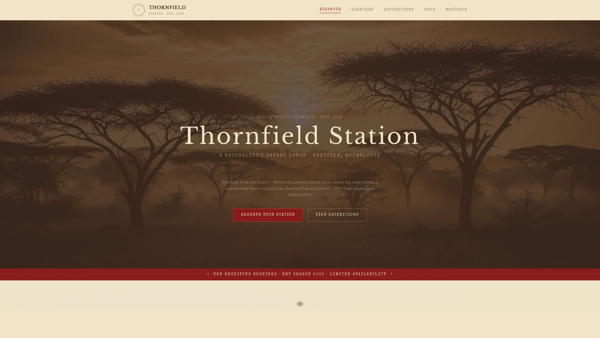 Thornfield Station luxury safari lodge website designed by QuietRise, Mpumalanga