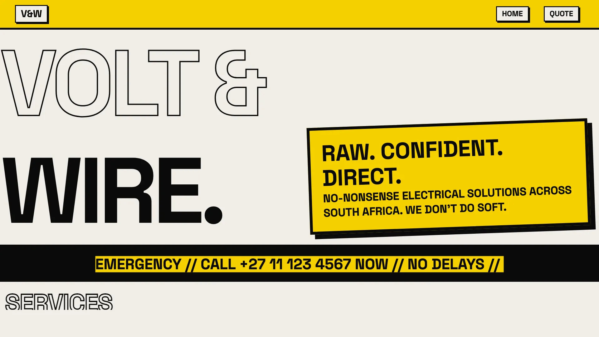 Brutalist electrical services website designed by QuietRise for Volt & Wire, South Africa